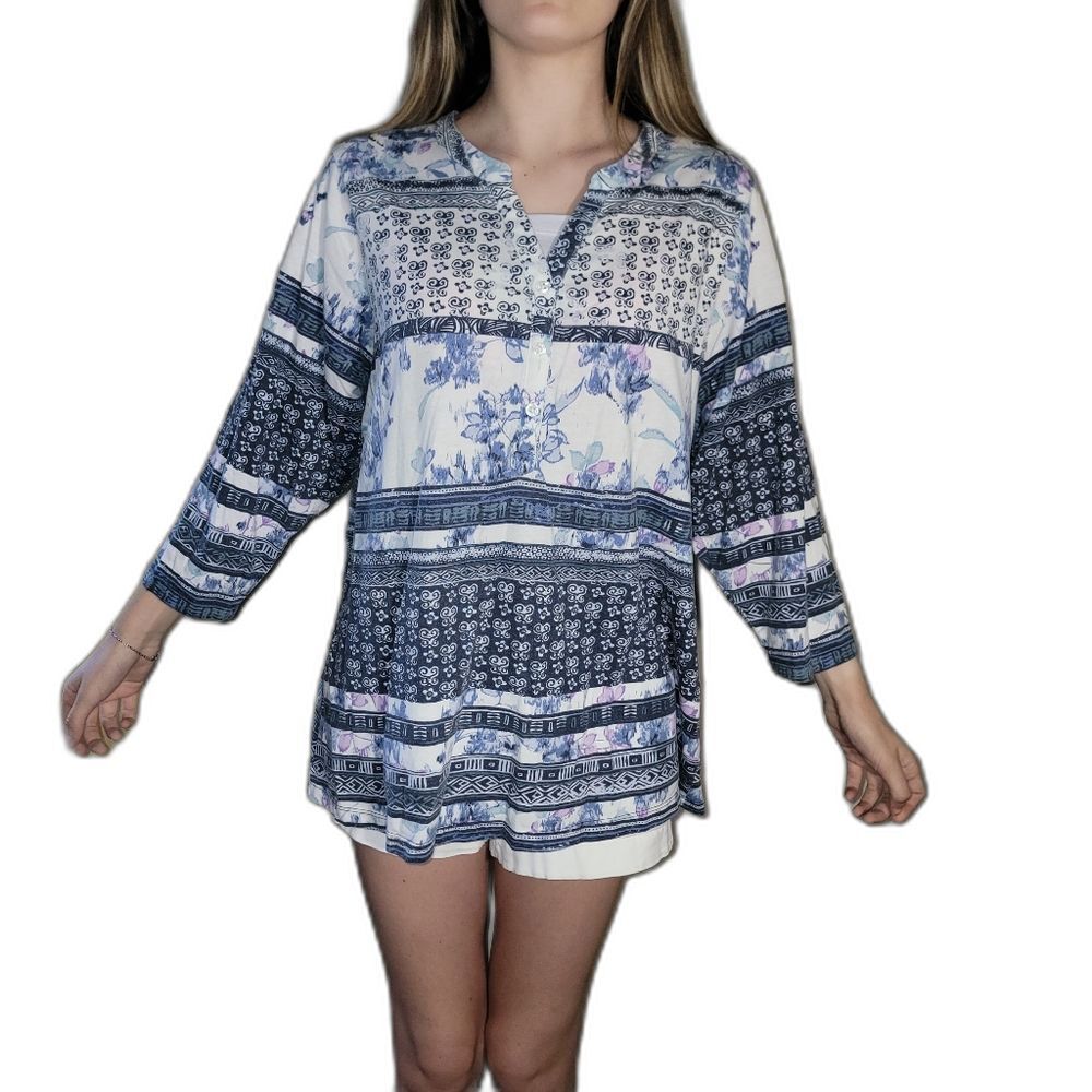 Allison Daley Womens Size XL Top Floral Mediterranean Blue White V Neck